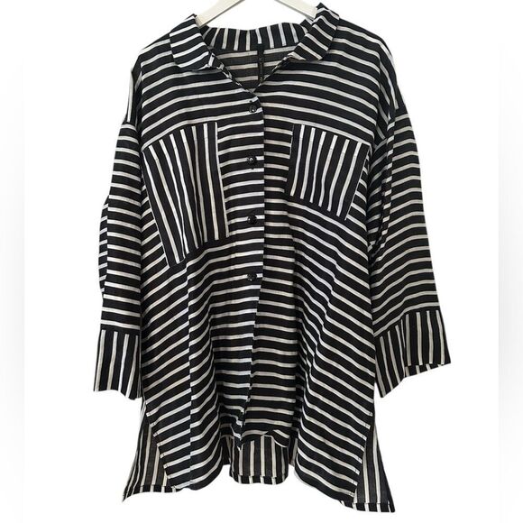 IC by Connie K Women’s Size XL Black and White Striped Button up Top - Picture 4 of 10